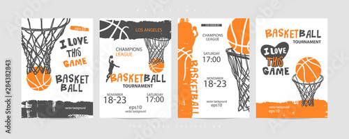 Collection of basketball designs on a white background, grunge style, sketch, lettering. Hand drawing. Sports print, cover, slogan, template, sports covers, basketball hoop. EPS file is layered. photo