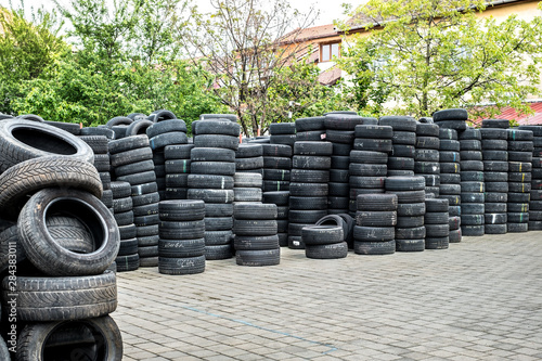 Used tire stacks in Workshop vulcanization yard