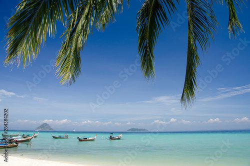 Thailand, Andaman Sea, Phuket. Island of Phi Phi Don. Traditional Thai longboats along the coast of Phi Phi Don.