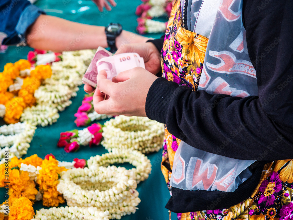 Thailand, Bangkok Street Flower Market. Flowers ready for display at many places including Temples