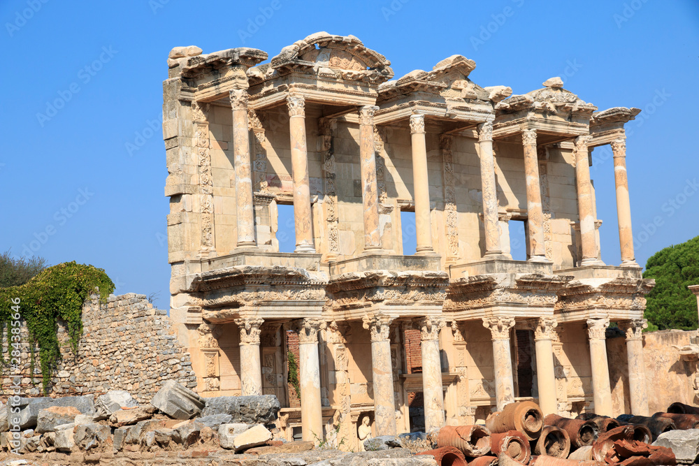 Turkey, Izmir Province, Selcuk, ancient city Ephesus, ancient world center of travel and commerce on the Aegean Sea at mouth of Cayster River. Library of Celsus.