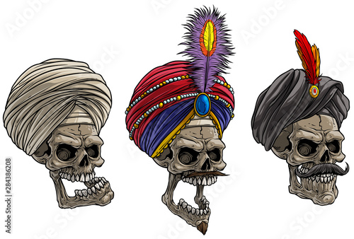 Cartoon detailed realistic colorful scary indian human skulls in traditional turban with feathers. Isolated on white background. Vector icon set.