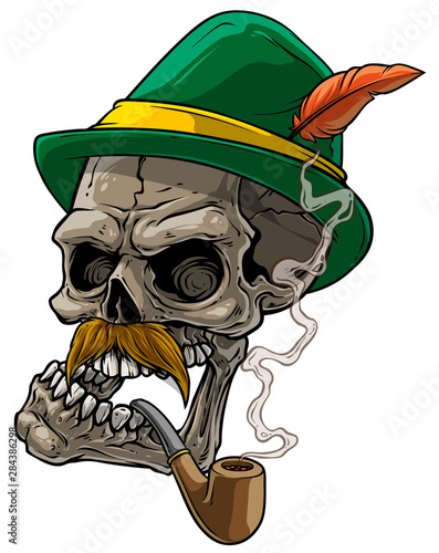 Cartoon detailed realistic colorful scary human skull bavarian traditional hat with feather, mustache and tobacco pipe. Isolated on white background. Vector icon.