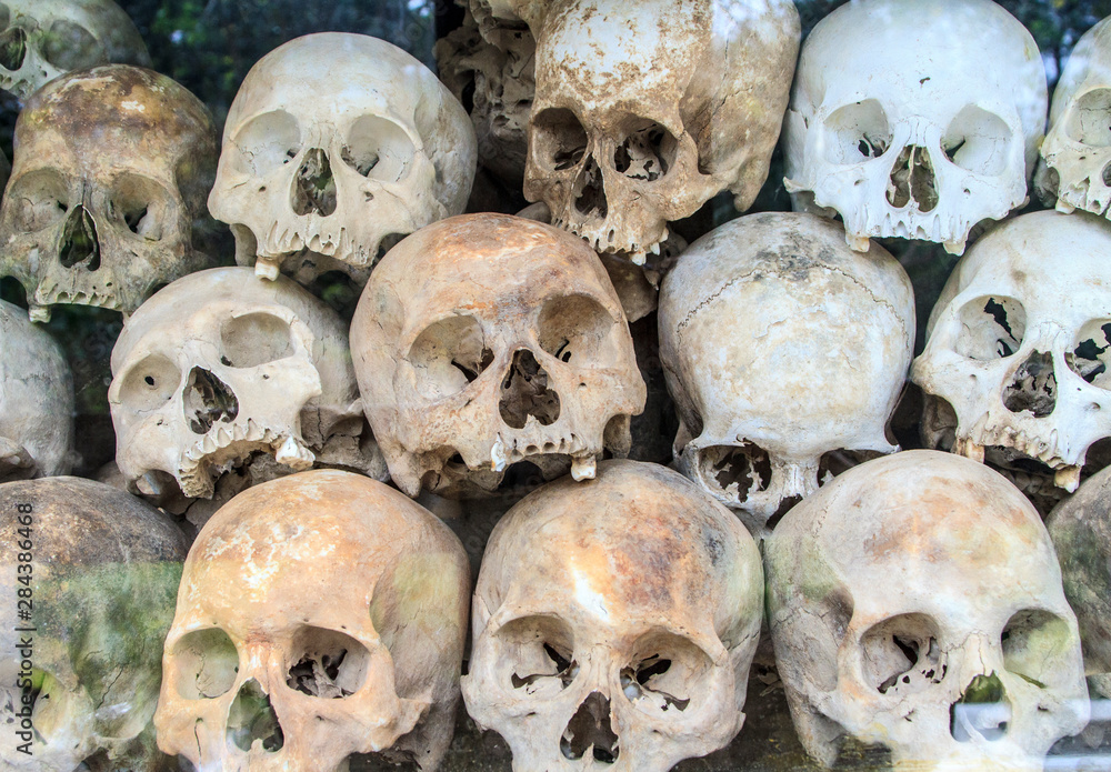 Phnom Penh, Cambodia. Skulls of thousands of Cambodian people who were killed and buried in mass graves during the reign of the Khmer Rouge and Pol Pot.