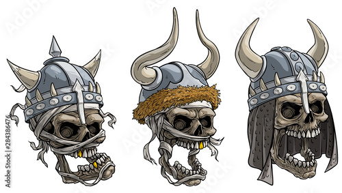 Cartoon detailed realistic colorful scary viking warrior skulls in metal helmet with horns, fur, and bandage. Isolated on white background. Vector icon set.