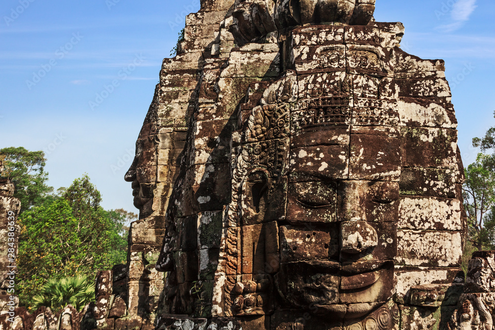 Siem Reap, Cambodia. Ancient ruins and towers of the Bayon Temple in Angkor Thom