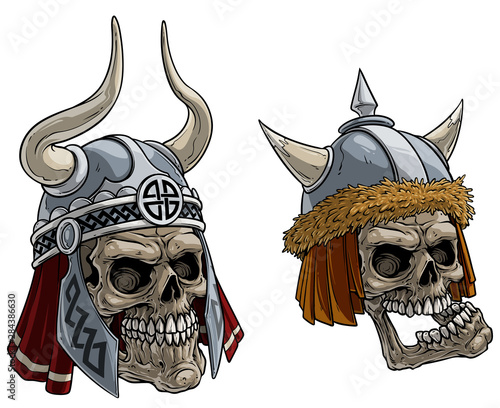 Cartoon detailed realistic colorful scary viking warrior skulls in metal helmet with horns, fur, and runes. Isolated on white background. Vector icon set.