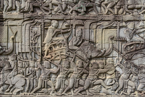 Cambodia, Angkor Wat. Angkor Thom, Bayon. Bas relief carving of battle scene, with elephant.