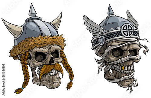 Cartoon detailed realistic colorful scary viking warrior skulls in metal helmet with horns, fur, wings, runes and hair plaits. Isolated on white background. Vector icon set.
