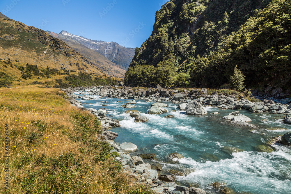 The Matukituki River running along the Rob Roy Glacier Trail outside of Wanaka, New Zealand.