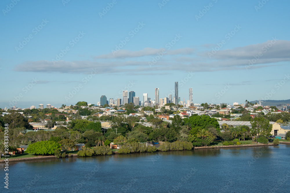 Australia, Queensland, capital city of Brisbane. Brisbane River view of downtown city skyline.