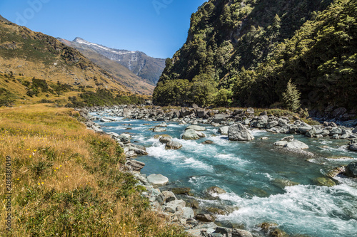 The Matukituki River running along the Rob Roy Glacier Trail outside of Wanaka, New Zealand.