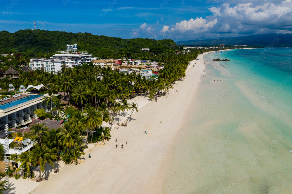 Aerial drone view of the beautiful White Beach on the Philippine island of Boracay