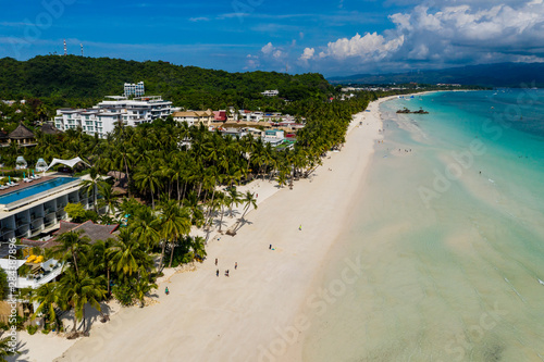 Aerial drone view of the beautiful White Beach on the Philippine island of Boracay
