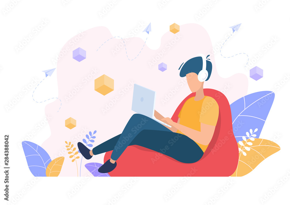 The man works, watches the news, sits on social networks. Freelancer. Vector illustration
