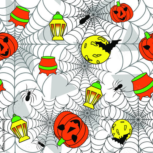 Halloween seamless vector ornament: witch's cauldron, orange pumpkin, lantern, moon, bat, spider web, spiders on light background