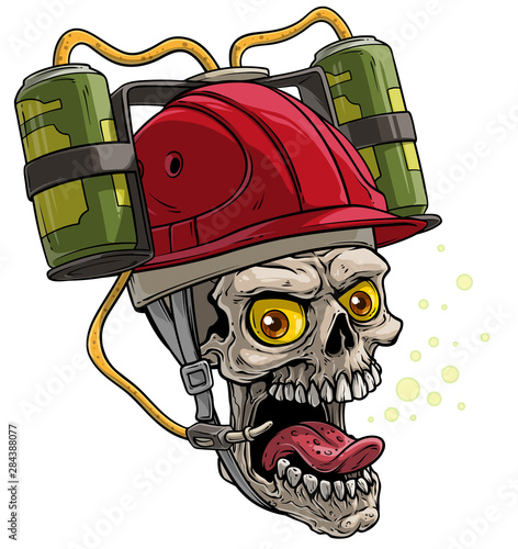 Cartoon detailed realistic colorful scary human skull in red drinking beer helmet with bottles. Hands Free drink. Isolated on white background. Vector icon.