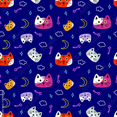 Vector seamless pattern with funny cats in the night. Colorful muzzles of kittens on a dark background with stars, moon and clouds