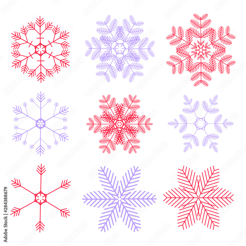 Set of 9 delicate, complex red and lilac snowflakes isolated on a white background Set of 9 delicate, complex red and lilac snowflakes isolated on a white background