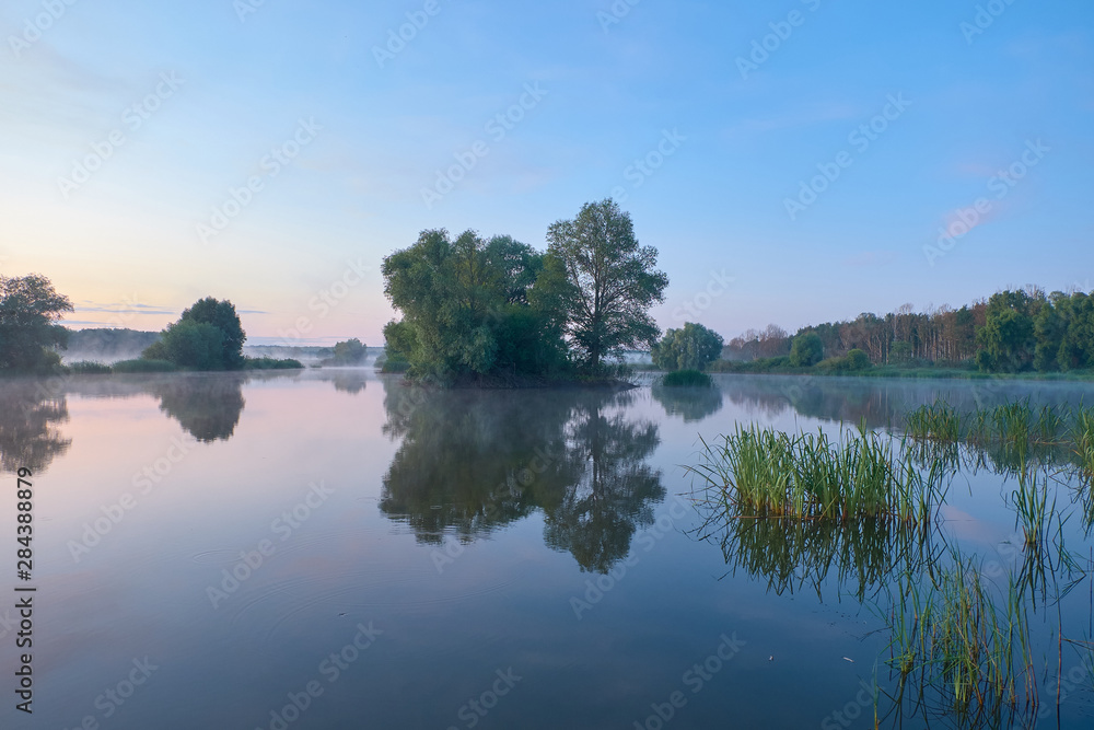 Fototapeta premium Foggy morning. Dawn outside the city. It will be a warm day. Morning fog on the lake