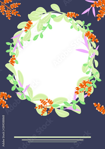 Oval light frame of flowers, branches, leaves and herbs on a dark background. Blank for cover