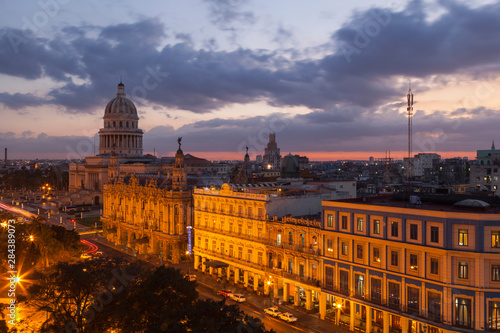 Cuba, Havana. Twilight over the city with the capitol and other historical buildings.