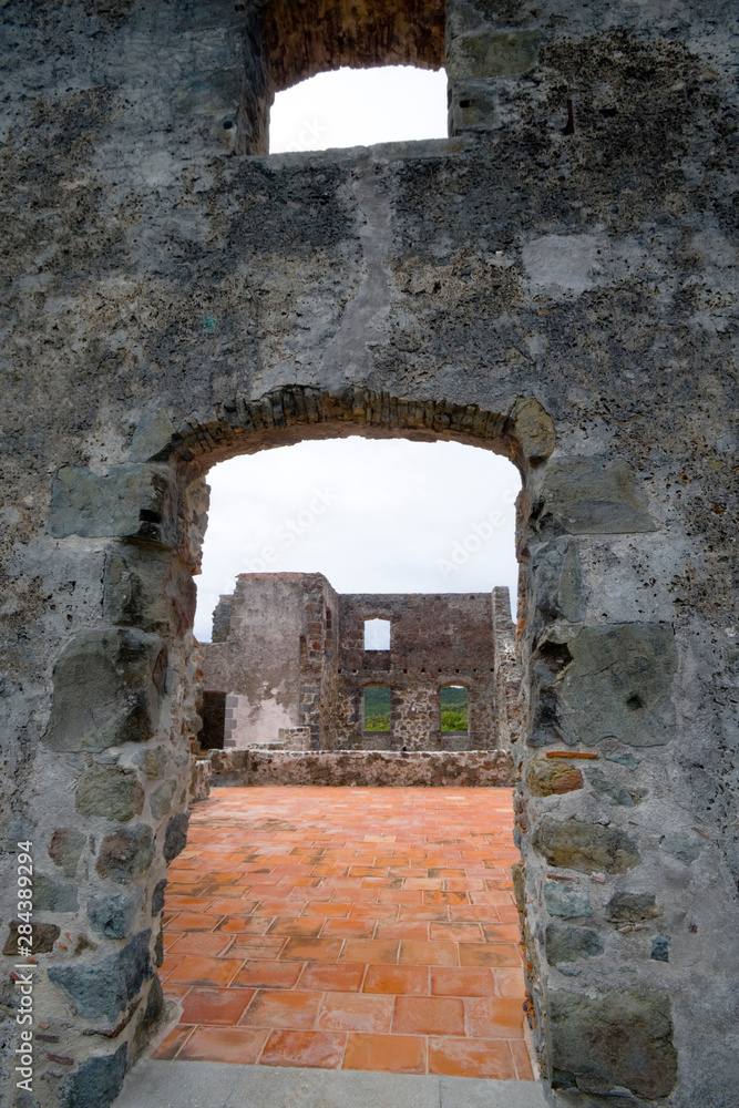 Martinique, French Antilles, West Indies, Ruins at Chateau Dubuc on the Caravelle Peninsula. The Dubuc Castle was first noted on maps of Martinique in 1773. Ostensibly a site of sugar production.