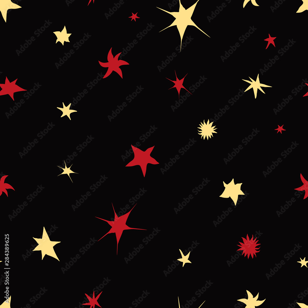 Seamless pattern of red and yellow cartoon stars in black sky Seamless pattern of red and yellow cartoon stars in black sky