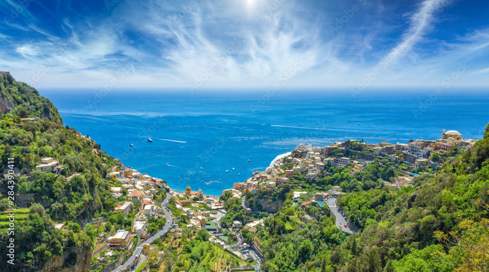 Aerial view of beautiful Positano on Amalfi Coast in Campania, Italy