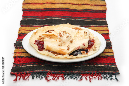 traditional pancakes with 6 different  jams