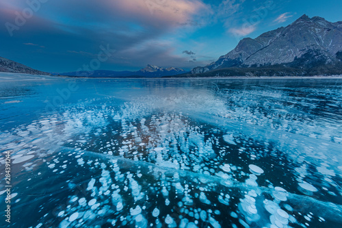 Methane ice bubbles under clear ice on Abraham Lake near Nordegg, Alberta, Canada photo