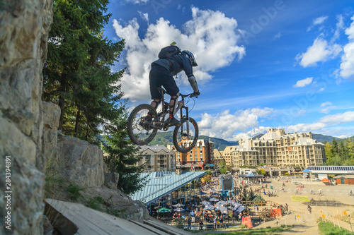 Mountain biker catching air, Whistler Mountain, British Columbia, Canada