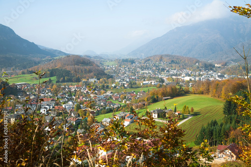 Bad Ischl, Upper Austria, Austria - High angle view of a residential area in the valley of a mountain. © Inti St. Clair/Danita Delimont