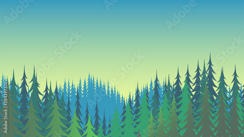 Green coniferous forest and morning sky. Beautiful background for design. Vector illustration.