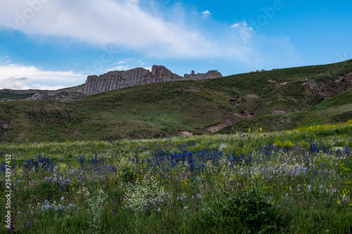 Turkey, aerial view of the breathtaking landscape on the dirt and winding road on the plateau around Mount Ararat, Agri Dagi, with rocky peaks, hills, grassland and flowers near the Ishak Pasha Palace