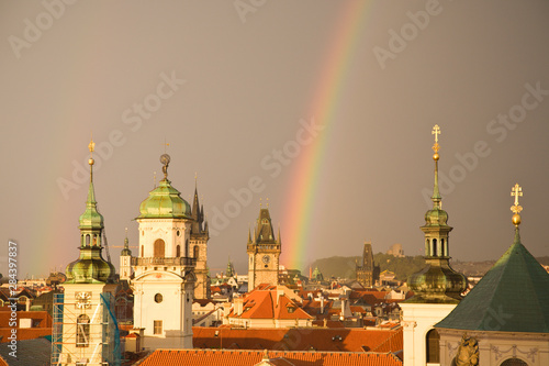 CZECH REPUBLIC, Prague. View of Prague's Old Town from 14th Century Old Town Bridge Tower, Karluv Most (Charles Bridge). 