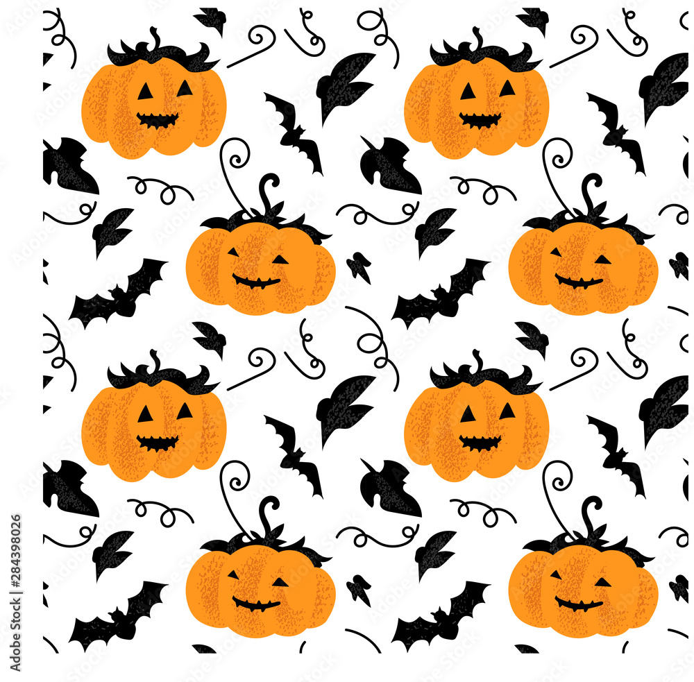 Halloween pumpkin holiday seamless pattern background with hand drawing elements - pumpkin, bat. Vector illustration Halloween pumpkin holiday seamless pattern background with hand drawing elements - pumpkin, bat. Vector illustration