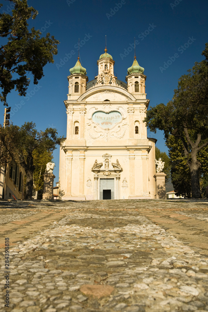 Santuario di Nostra Signora della Costa, The Shrine of Our Lady of the Coast. San Remo, southern coast of Italy. Cathedral originally built in 1630 but additions made over the years.