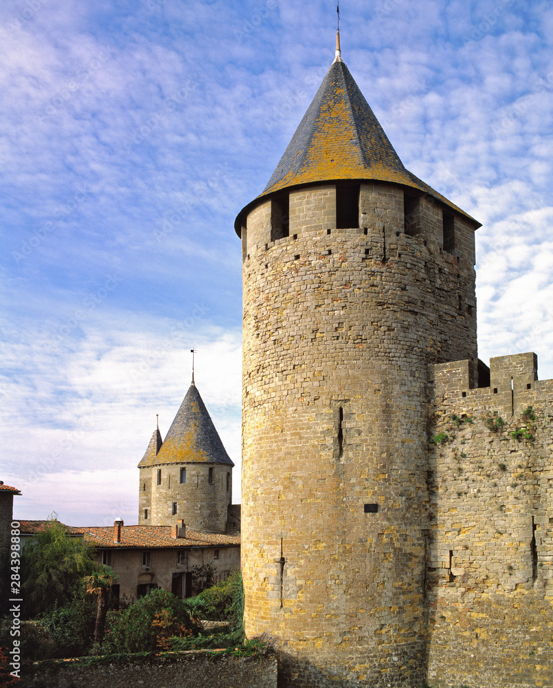 France, Carcassonne. The towers of La Cite at Carcassonne, a World Heritage Site, afforded villagers a clear view to the countryside of southern France.