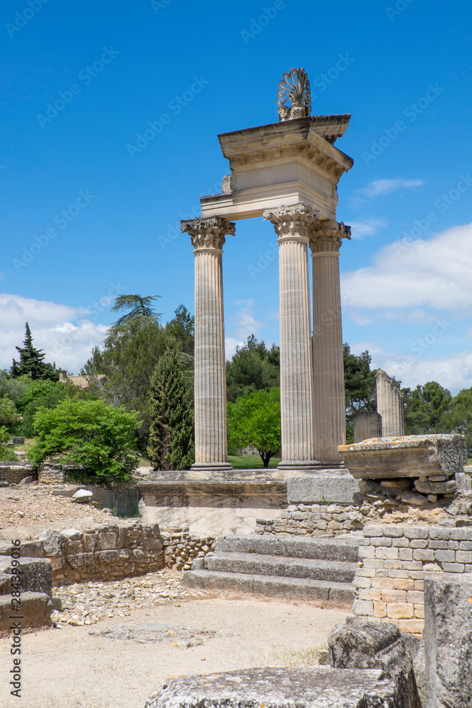 France, St. Remy, Glanum, fortified Roman town in Provence. Ruins of the Temple of Valetudo.