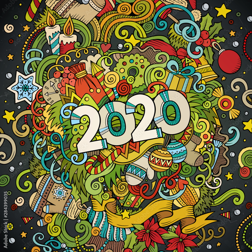 Fototapeta premium 2020 hand drawn doodles illustration. New Year objects and elements poster