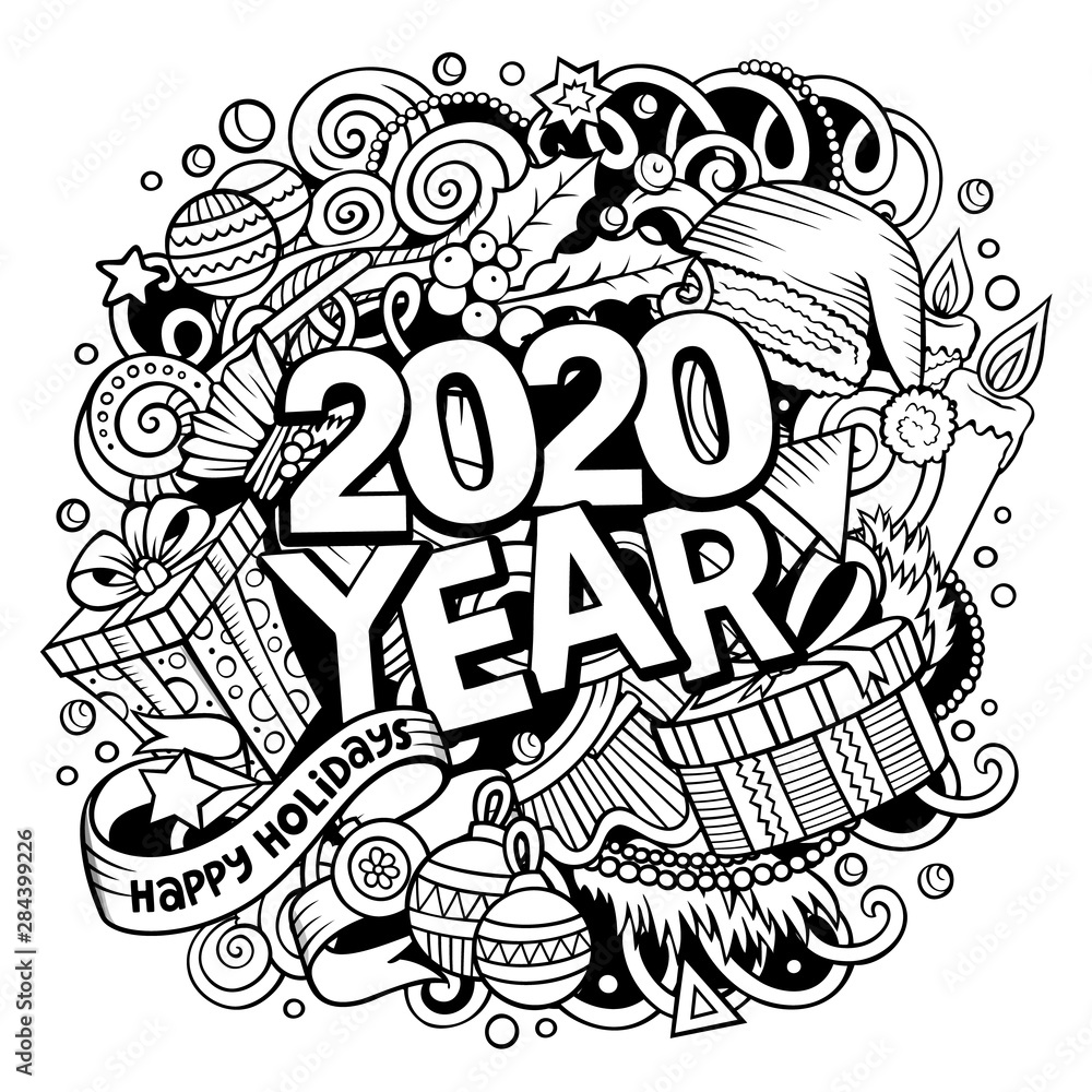 2020 doodles illustration. New Year objects and elements poster design