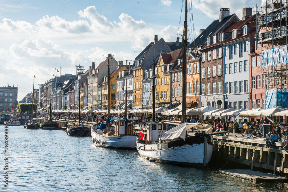Fishing boats in Nyhavn, 17th century waterfront, Copenhagen, Denmark