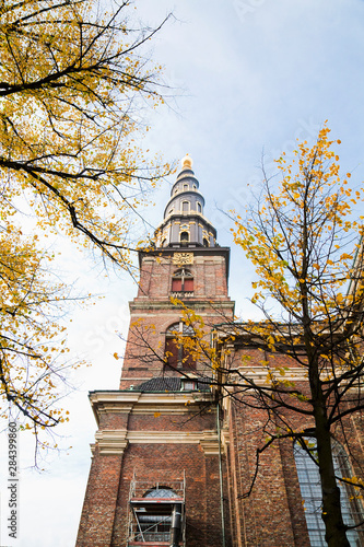 Copenhagen, Denmark - Low angle view of an ornate spire on an old world church.