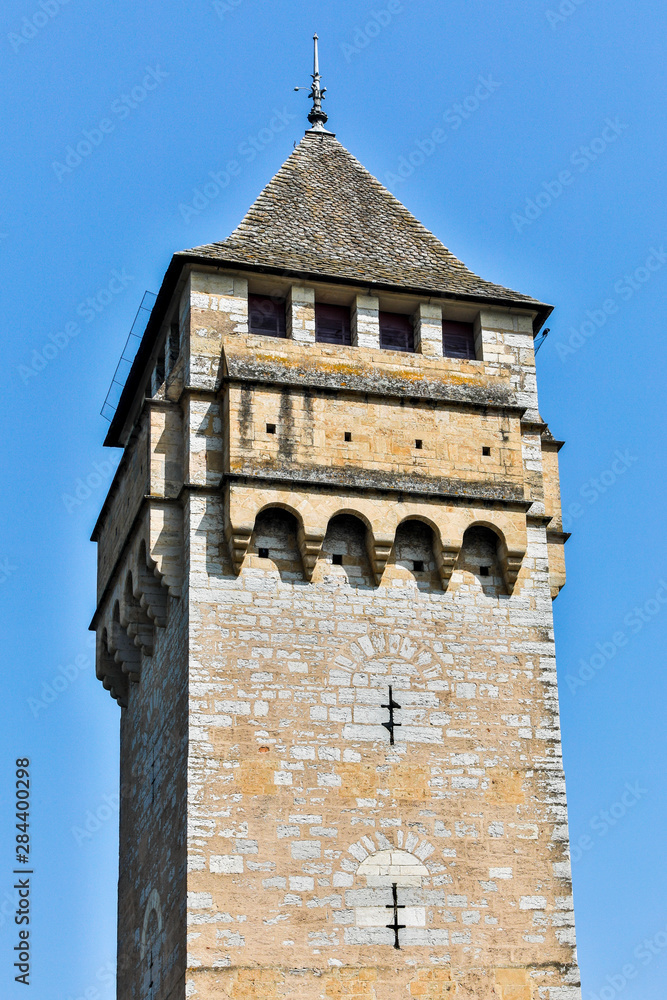 France, Cahors. Tower of the Pont Valentre over the Lot river