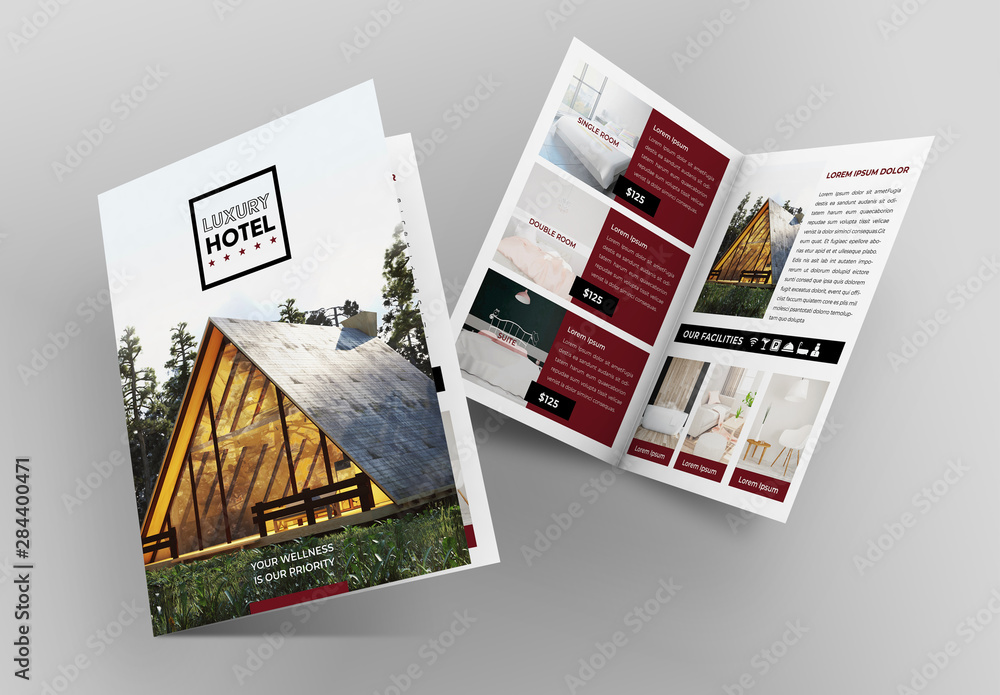 Dark Red and White Brochure Layout with Pattern Element Stock Template ...