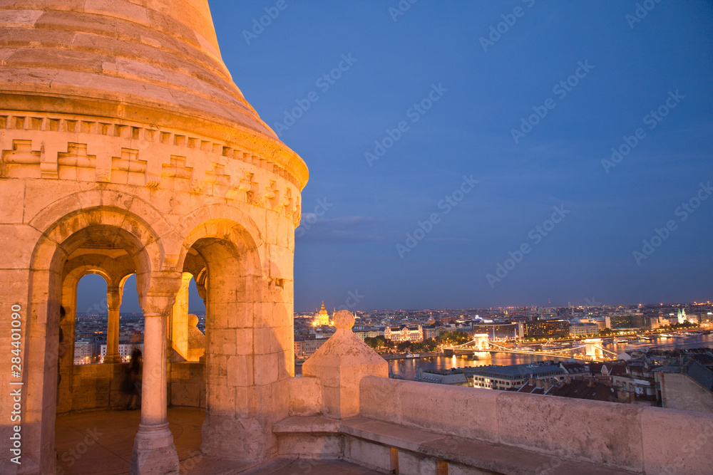 Fototapeta premium View from Fishermens Bastion next to Matyas Church, Castle Hill, Bude side of Central Budapest, Capital of Hungary, Europe