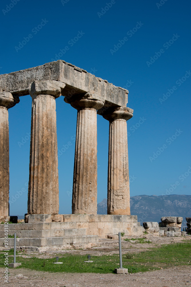 Greece, Corinth, Ancient Corinth. Once the wealthiest city in Greece, St. Paul introduced the city to Christianity. Doric Temple of Apollo, c. 540 B.C..