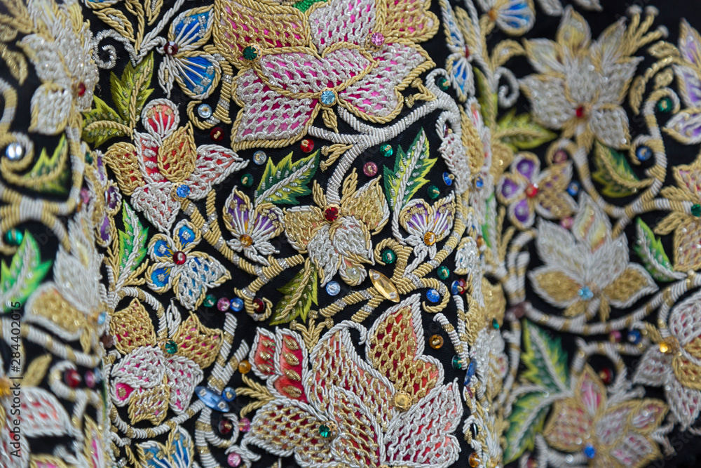 Italy, Sardinia, Mamoiada. Close-up of an intricate decorative ribbon available for sale. Italy, Sardinia, Mamoiada. Close-up of an intricate decorative ribbon available for sale.
