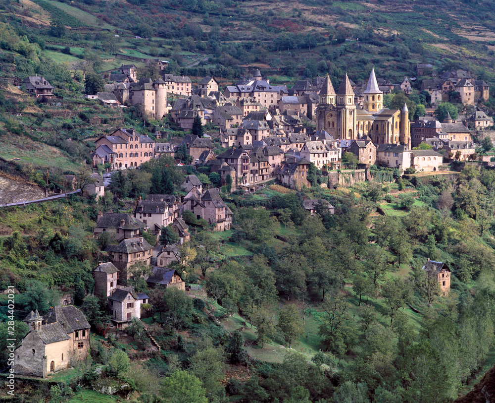 France, Conques. The picturesque village of Conques occupies a hillside in the Lot Valley in France.